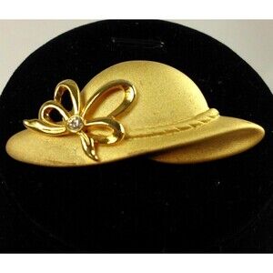Vintage Tona Hat Brooch Satin Gold Tone Bow Clear Rhinestone Signed Pin 2.5 Inch